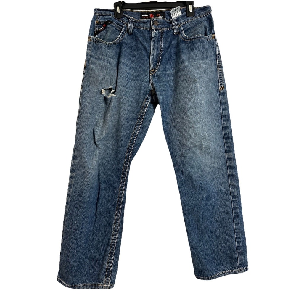 Ariat FR Denim Jeans Mens M3 Loose Fit 34x30 Blue Work Wear Cat 2 Distressed